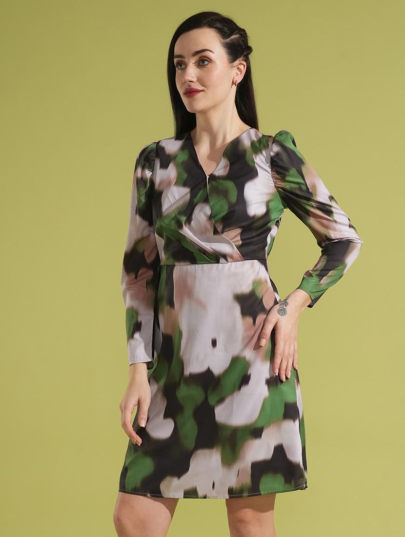 globus women green abstract print puff sleeves wrap v-neck sheath party dress - 21531920 -  Zoom Image - 0