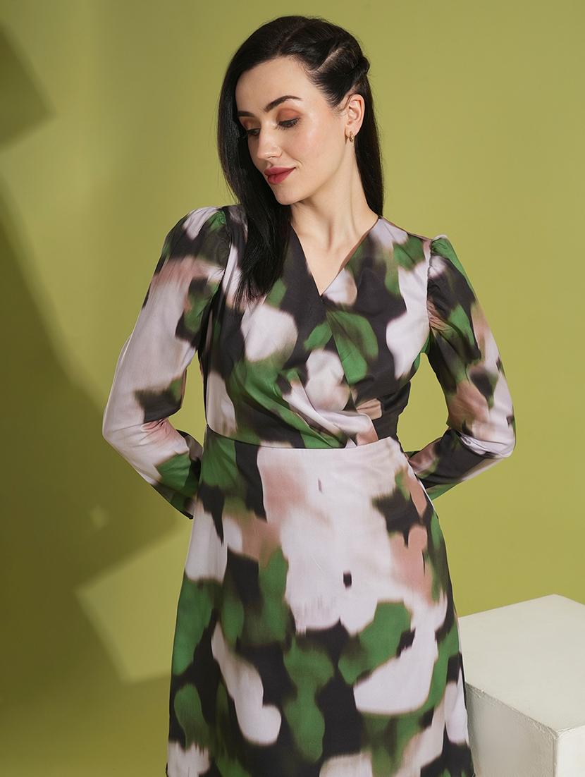 globus women green abstract print puff sleeves wrap v-neck sheath party dress - 21531920 - Standard Image - 3