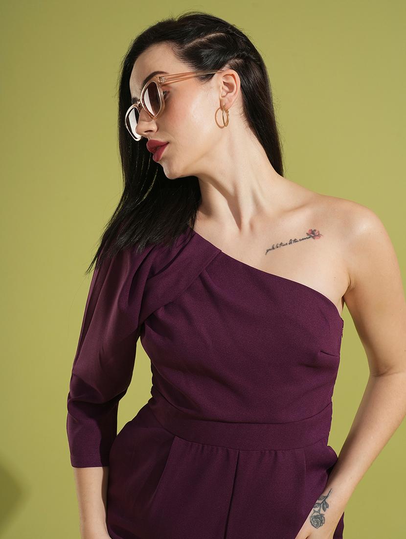 globus women burgundy solid one shoulder pleated sleeve party playsuit - 21531927 - Standard Image - 3