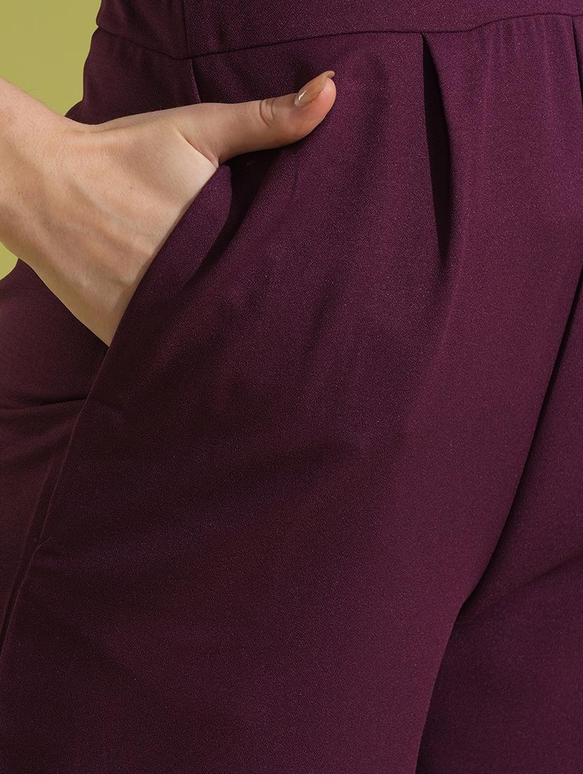 globus women burgundy solid one shoulder pleated sleeve party playsuit - 21531927 - Standard Image - 5