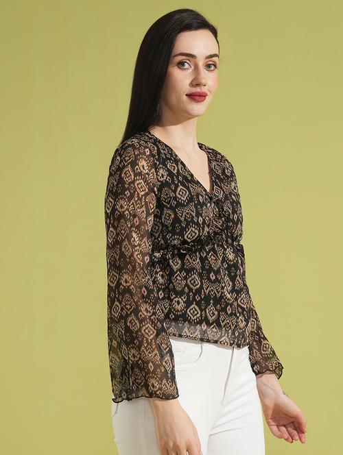 globus women black tribal print v-neck bell sleeves gathered semi sheer workwear top - 21531930 -  Standard Image - 0