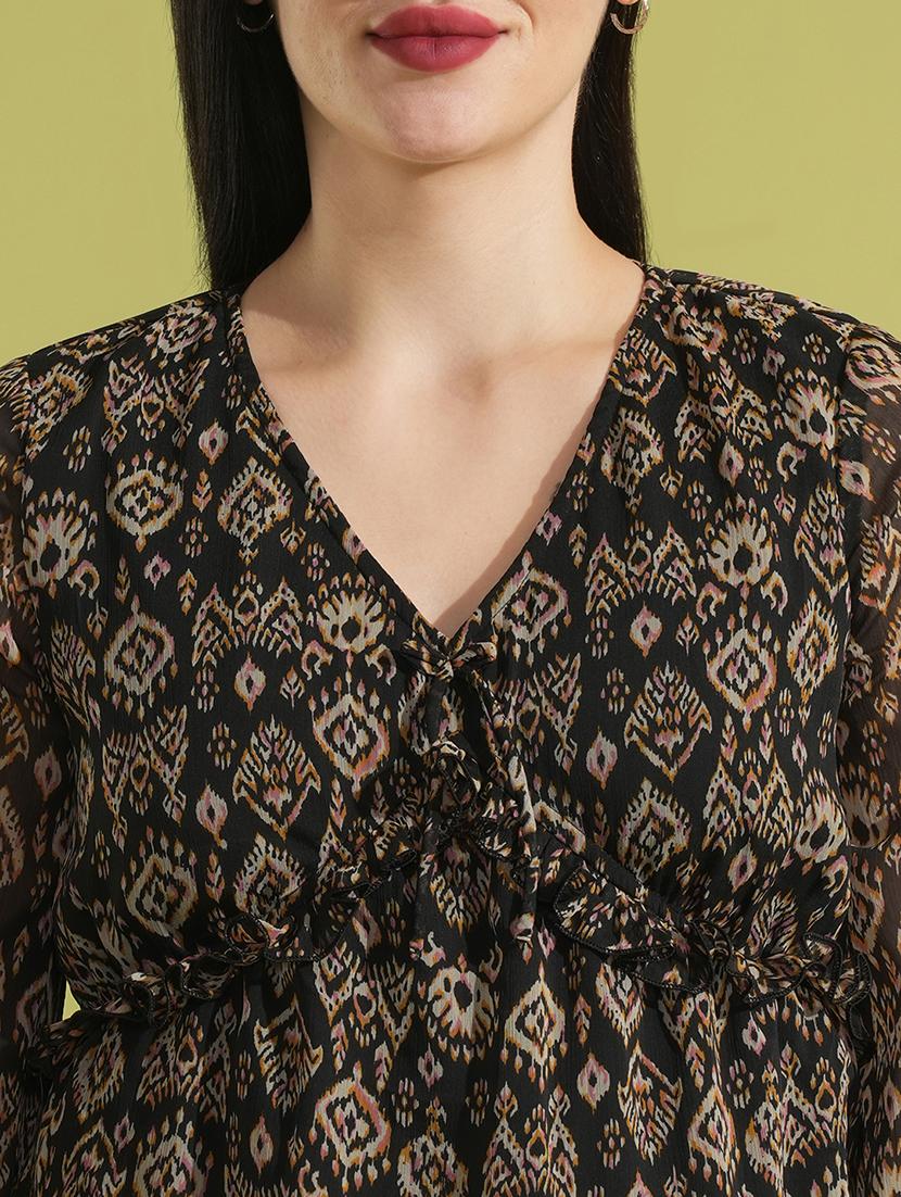globus women black tribal print v-neck bell sleeves gathered semi sheer workwear top - 21531930 - Standard Image - 3