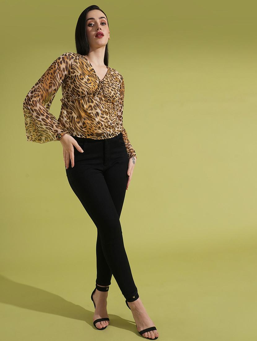 globus women multi animal print v-neck bell sleeves gathered semi sheer workwear top - 21531931 - Standard Image - 3