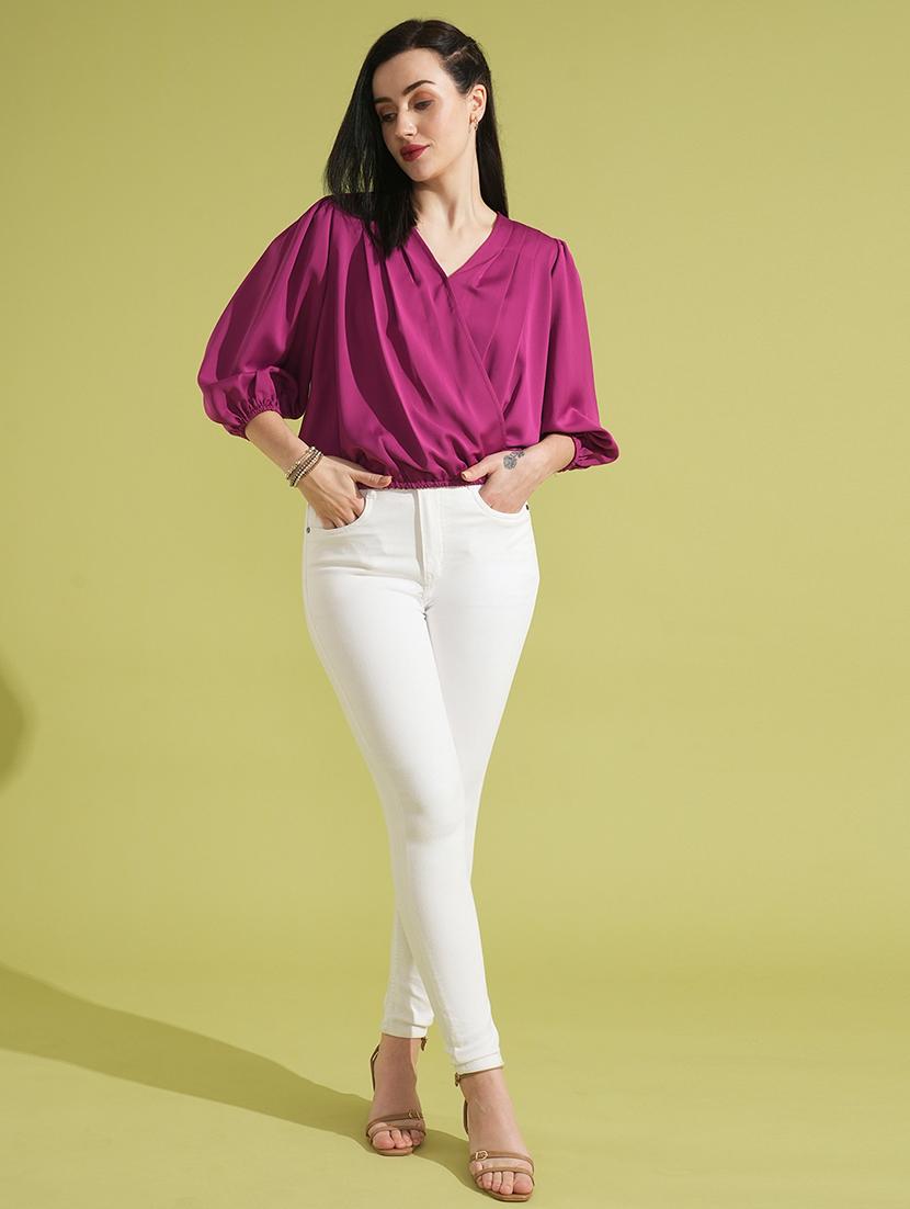 globus women magenta v-neck puff sleeves pleated detail workwear wrap top - 21531932 -  Zoom Image - 0
