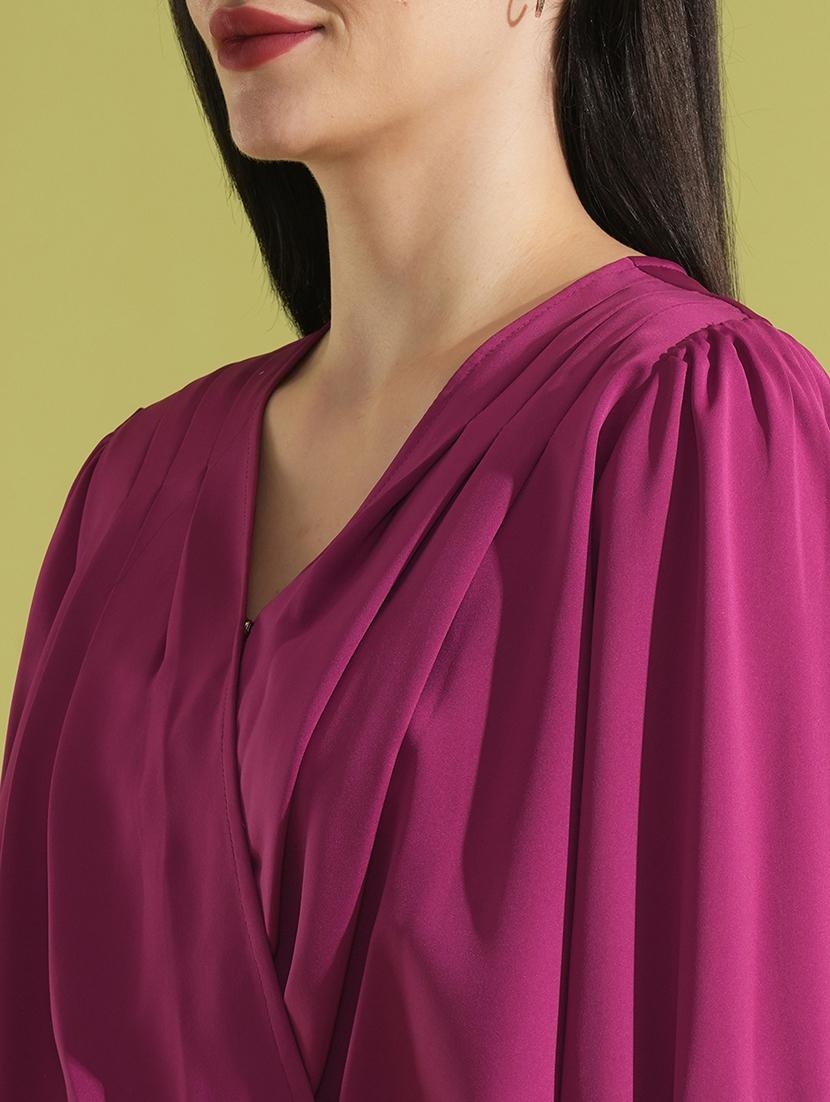 globus women magenta v-neck puff sleeves pleated detail workwear wrap top - 21531932 - Standard Image - 3