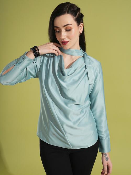 globus women green cowl neck long cuffed sleeves stain party top - 21531933 -  Standard Image - 0
