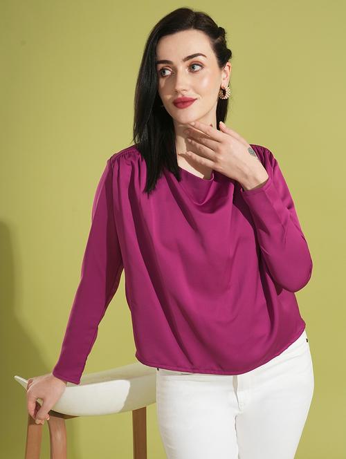 globus women magenta solid cowl neck long sleeves gathered detail party top - 21531934 - Standard Image - 0