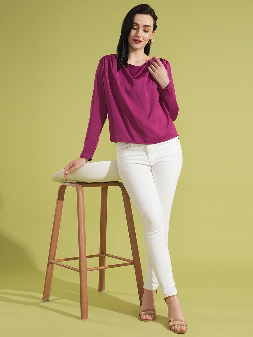 globus women magenta solid cowl neck long sleeves gathered detail party top - 21531934 - Standard Image - 3