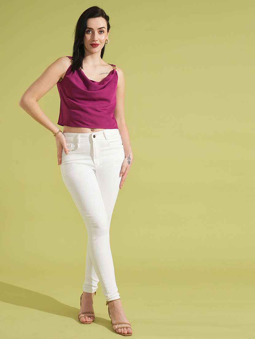 globus women burgundy cowl neck crop party top with metal buckle strap - 21531935 -  Standard Image - 3