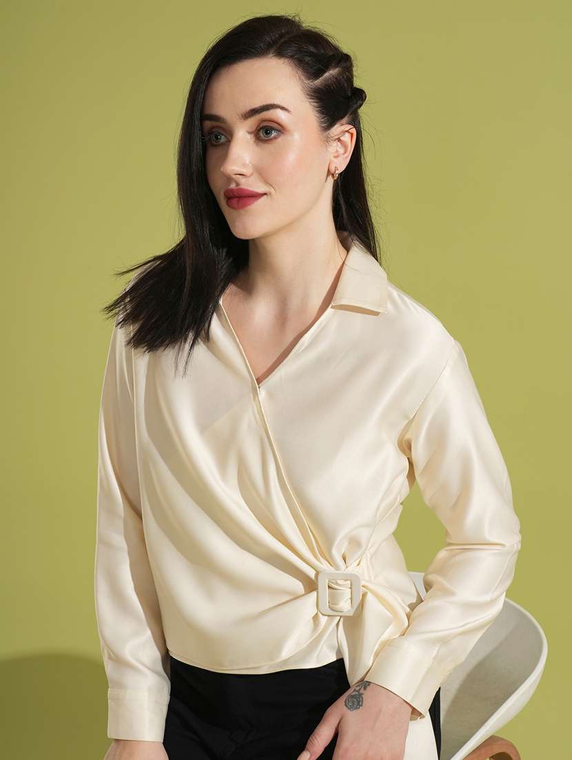 globus women white solid shirt collar cuffed sleeves twisted buckle detail shirt style party top