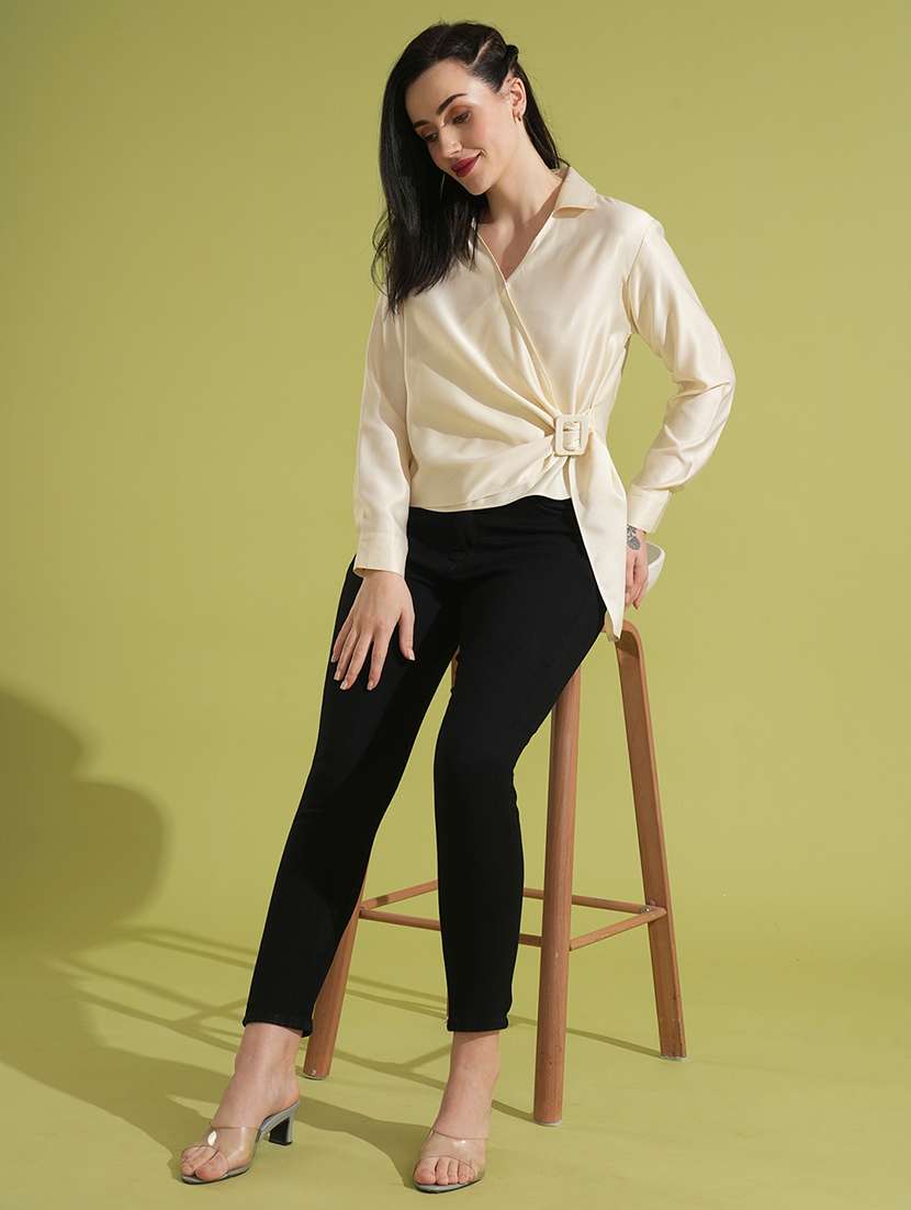 globus women white solid shirt collar cuffed sleeves twisted buckle detail shirt style party top - 21531937 -  Standard Image - 3