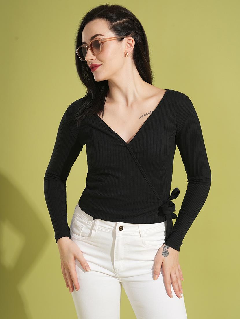 globus women black self design rib v-neck long sleeves tie-up wrap top - 21531940 - Zoom Image - 0