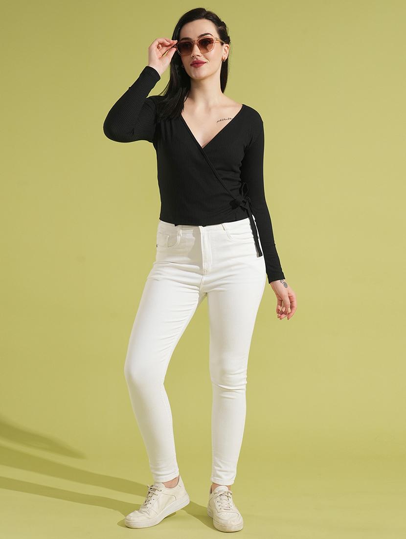 globus women black self design rib v-neck long sleeves tie-up wrap top - 21531940 - Standard Image - 3