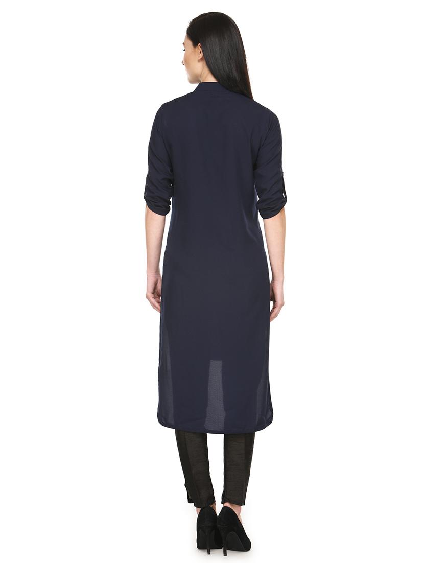 women solid mandarin neck high-low kurta - 21531974 - Standard Image - 3