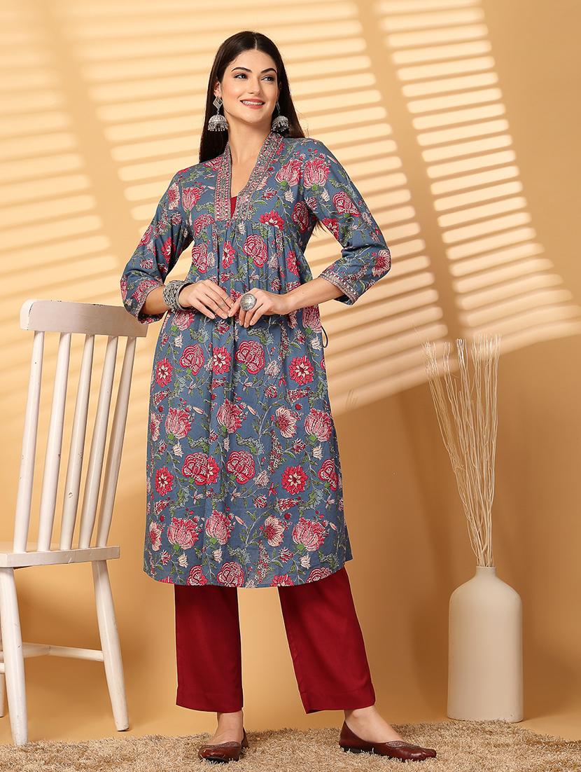 women floral printed v neck kurta pant set