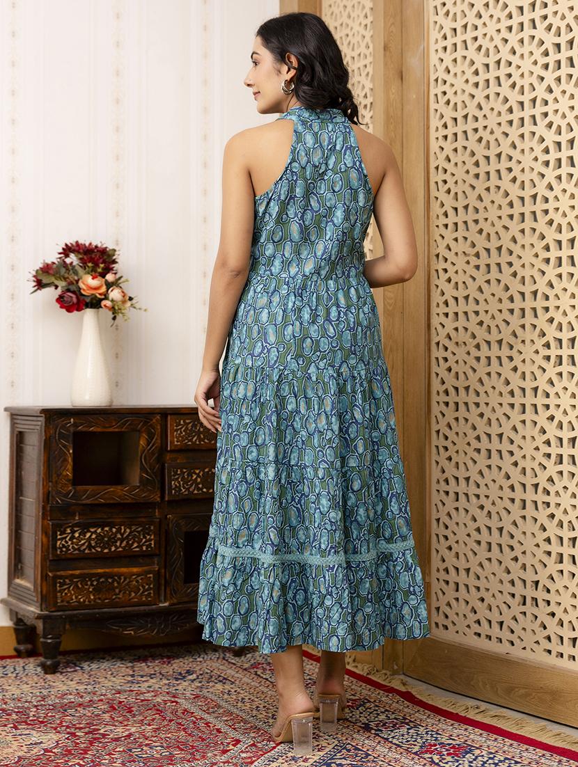 women teal printed v neck tiered dress - 21532107 - Standard Image - 3