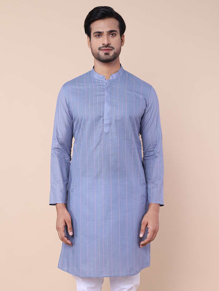 men striped mandarin neck cotton kurta - 21532194 - Zoom Image - 0