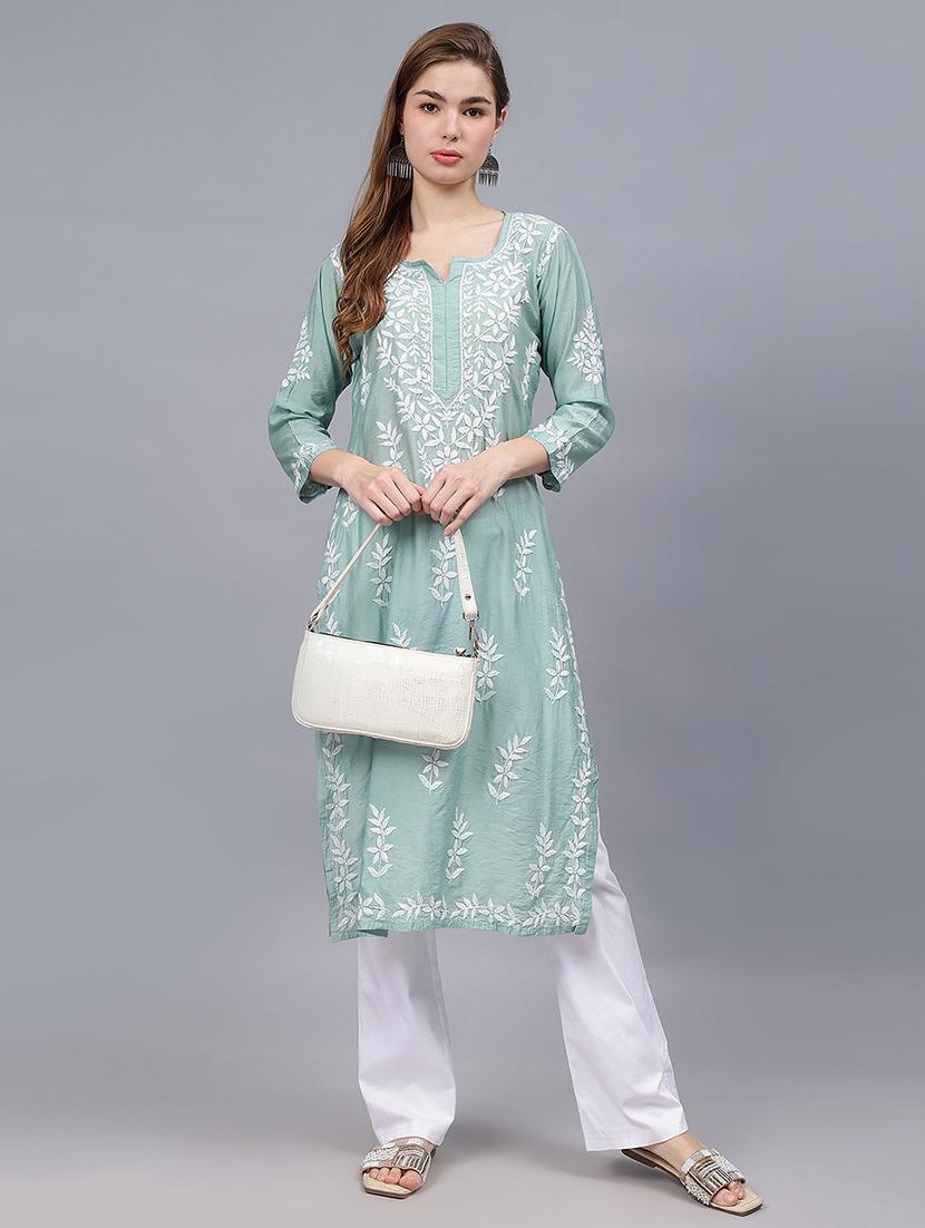 women three quarter sleeves chikankari kurta - 21532287 - Standard Image - 3