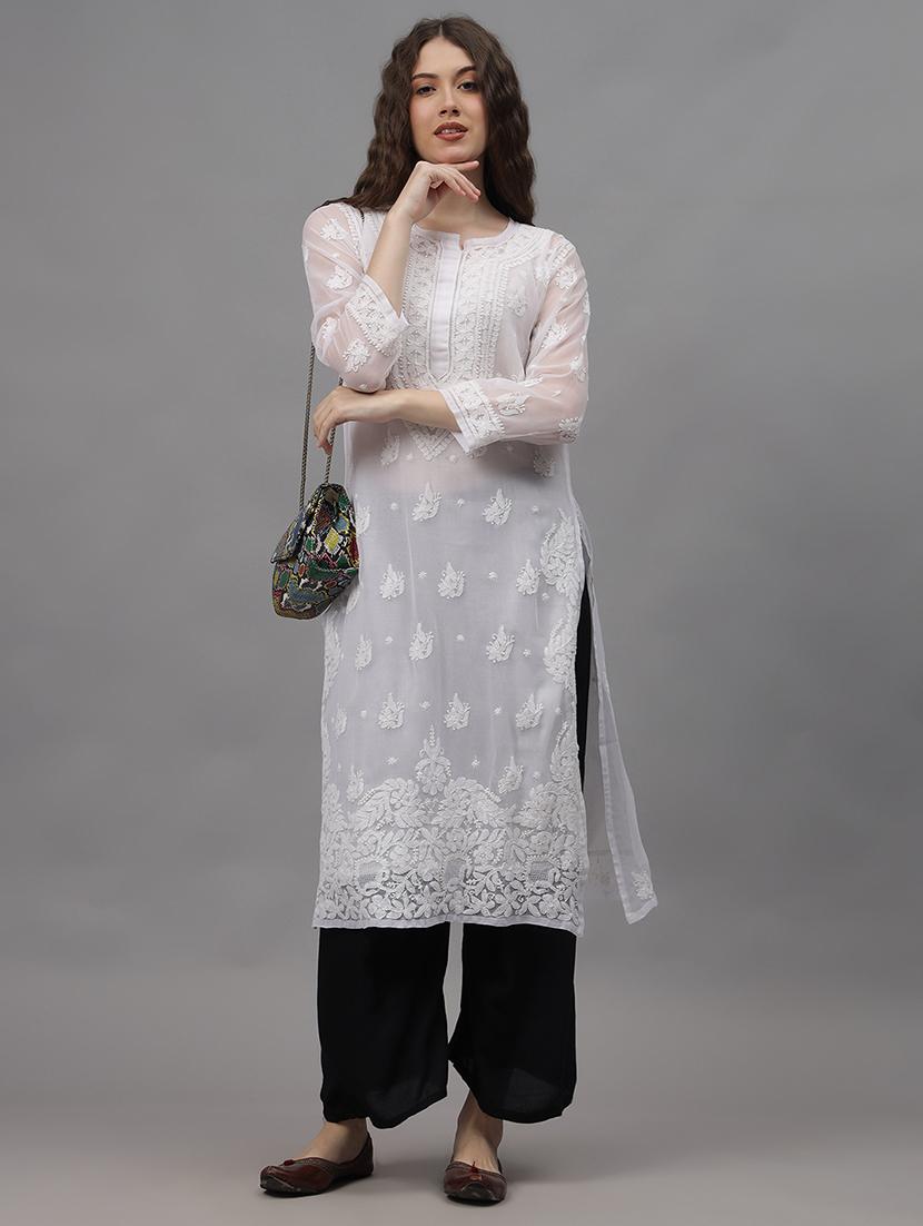 women three quarter sleeves chikankari kurta - 21532298 - Standard Image - 3