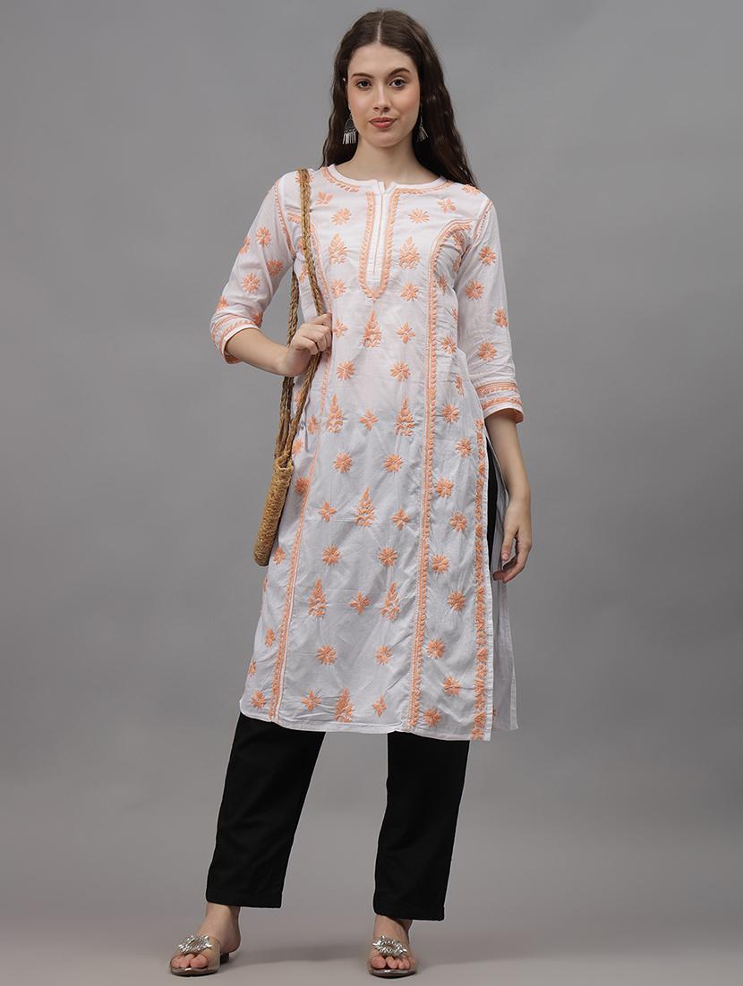 women three quarter sleeves chikankari kurta - 21532303 - Standard Image - 3