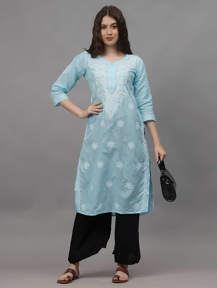 women three quarter sleeves chikankari kurta - 21532318 -  Standard Image - 3
