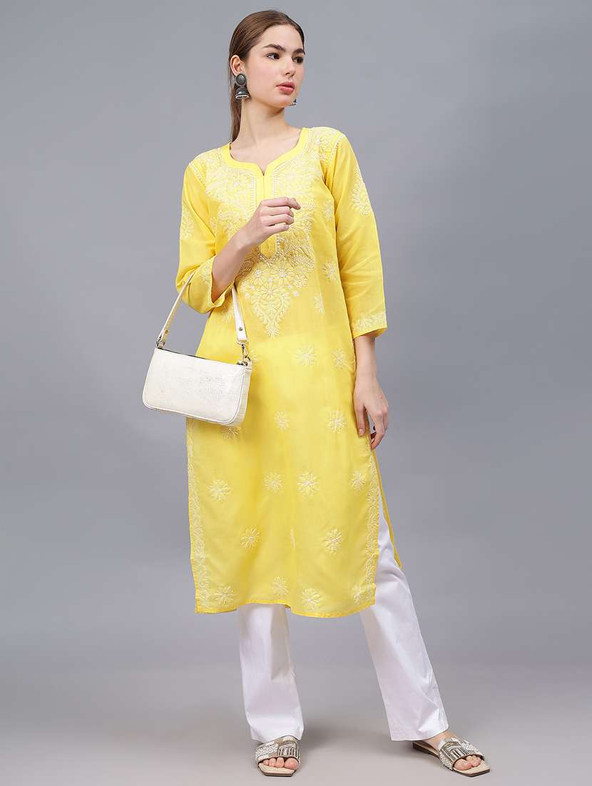 women three quarter sleeves chikankari kurta - 21532320 - Standard Image - 3