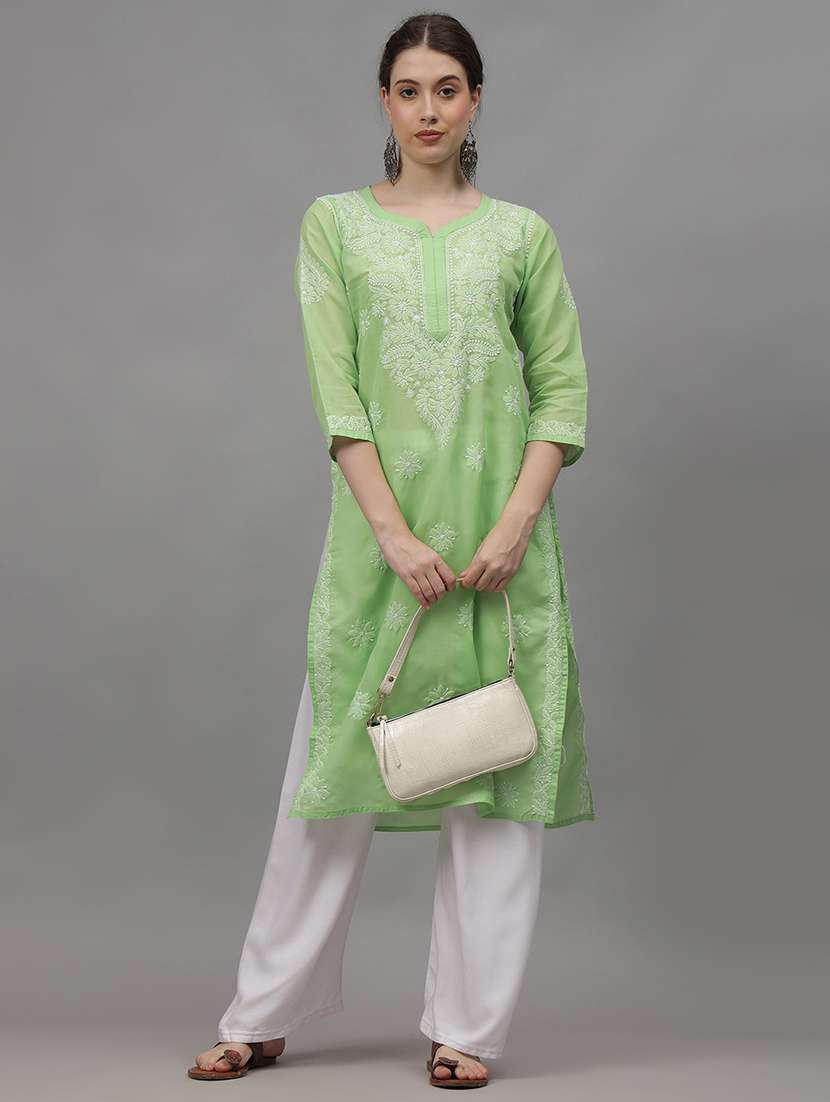 women three quarter sleeves chikankari kurta - 21532321 - Standard Image - 3