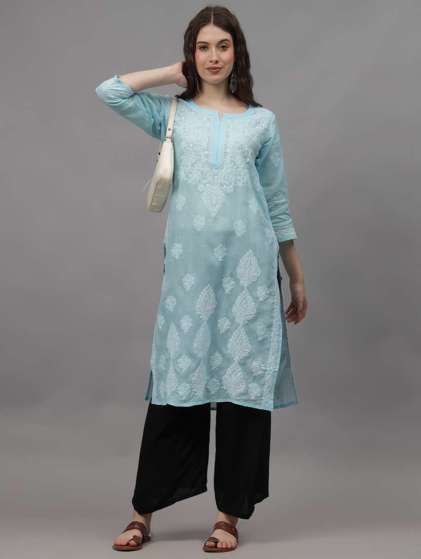 women three quarter sleeves chikankari kurta - 21532329 -  Standard Image - 3