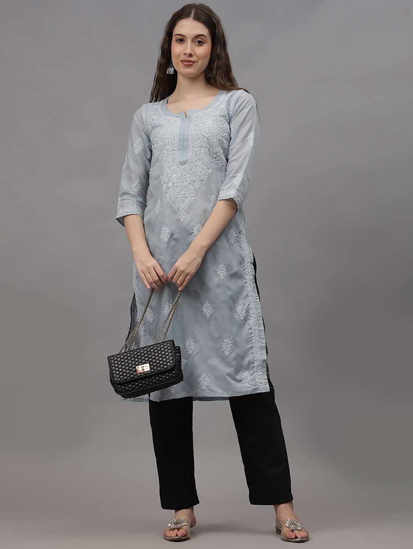 women three quarter sleeves chikankari kurta - 21532331 -  Standard Image - 3