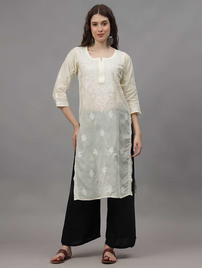 women three quarter sleeves chikankari kurta - 21532332 - Zoom Image - 0