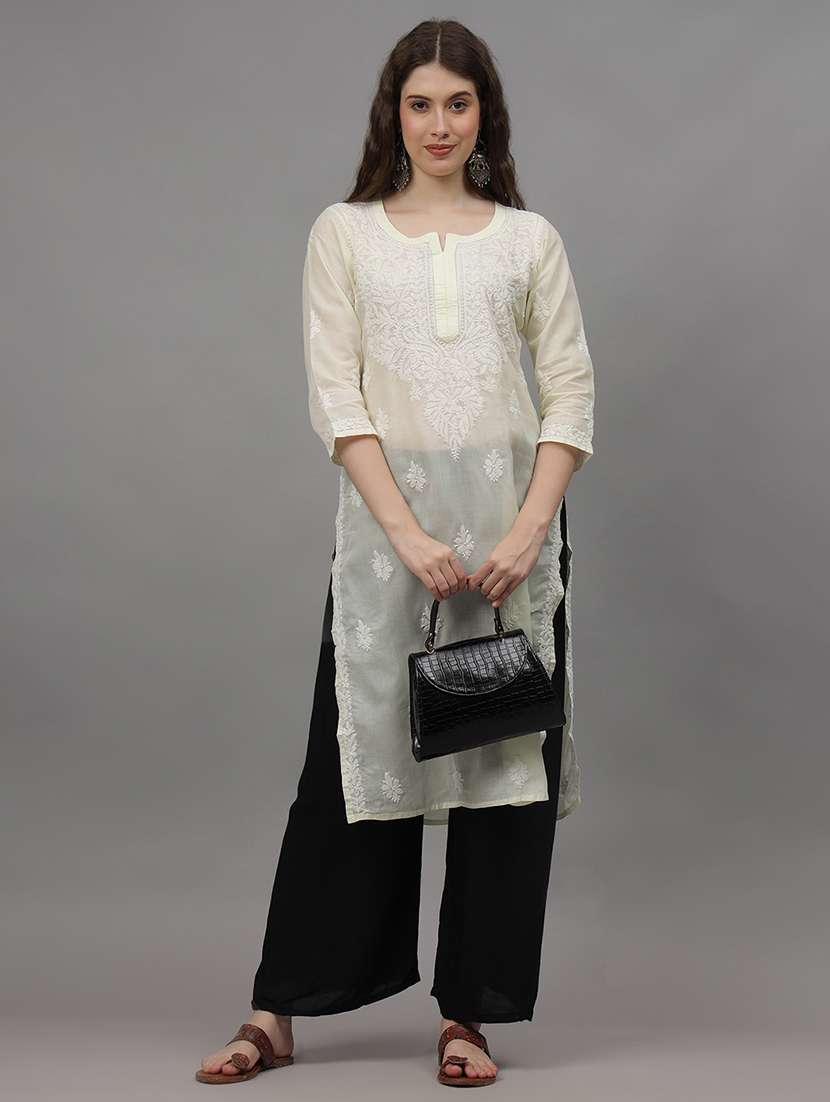 women three quarter sleeves chikankari kurta - 21532332 - Standard Image - 3