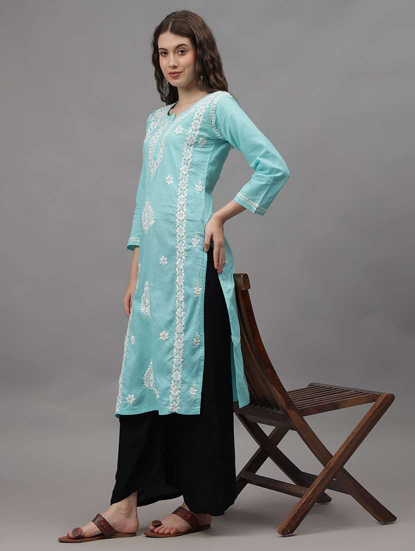 women three quarter sleeves chikankari kurta - 21532337 - Standard Image - 3