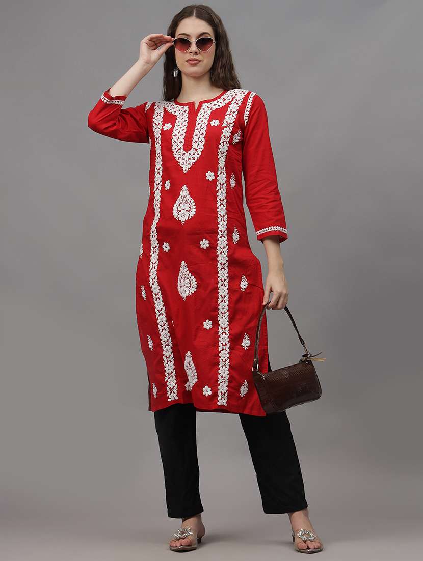 women three quarter sleeves chikankari kurta - 21532338 - Standard Image - 3