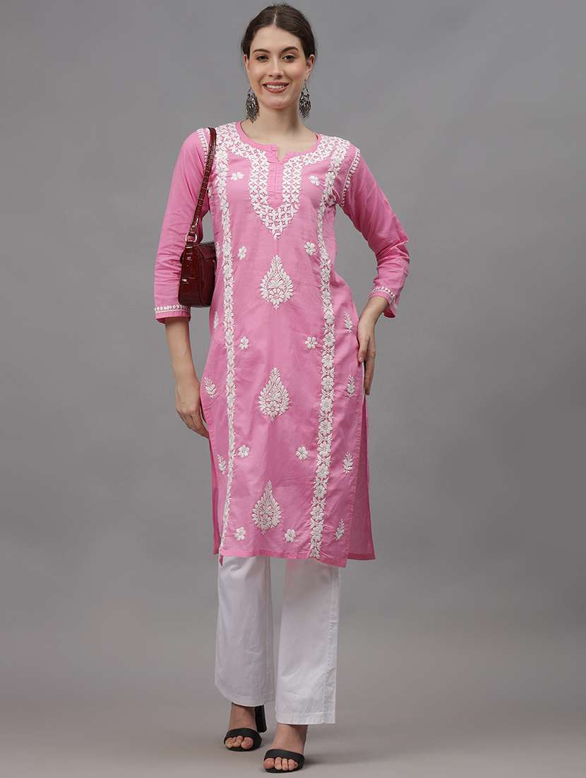 women three quarter sleeves chikankari kurta - 21532339 -  Standard Image - 3