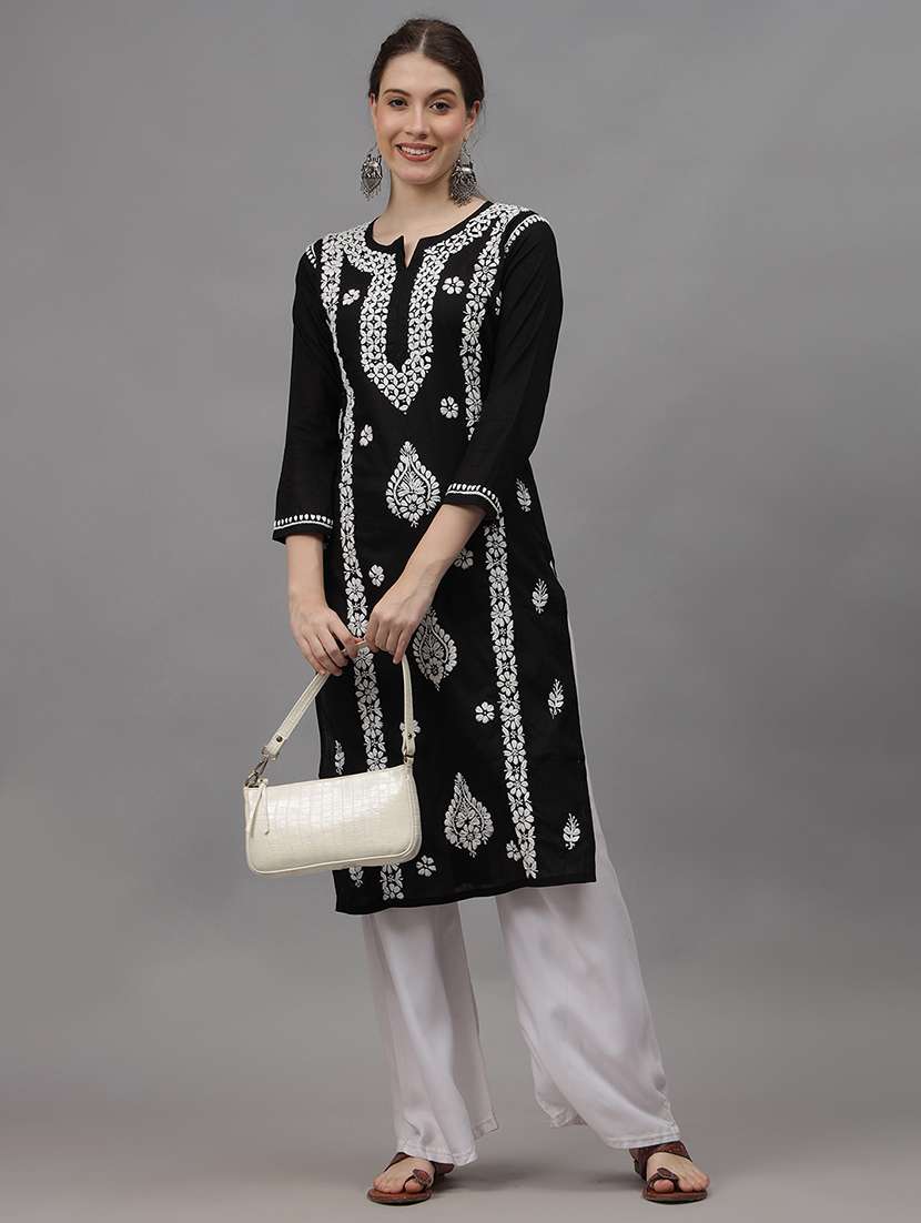 women three quarter sleeves chikankari kurta - 21532341 - Standard Image - 3