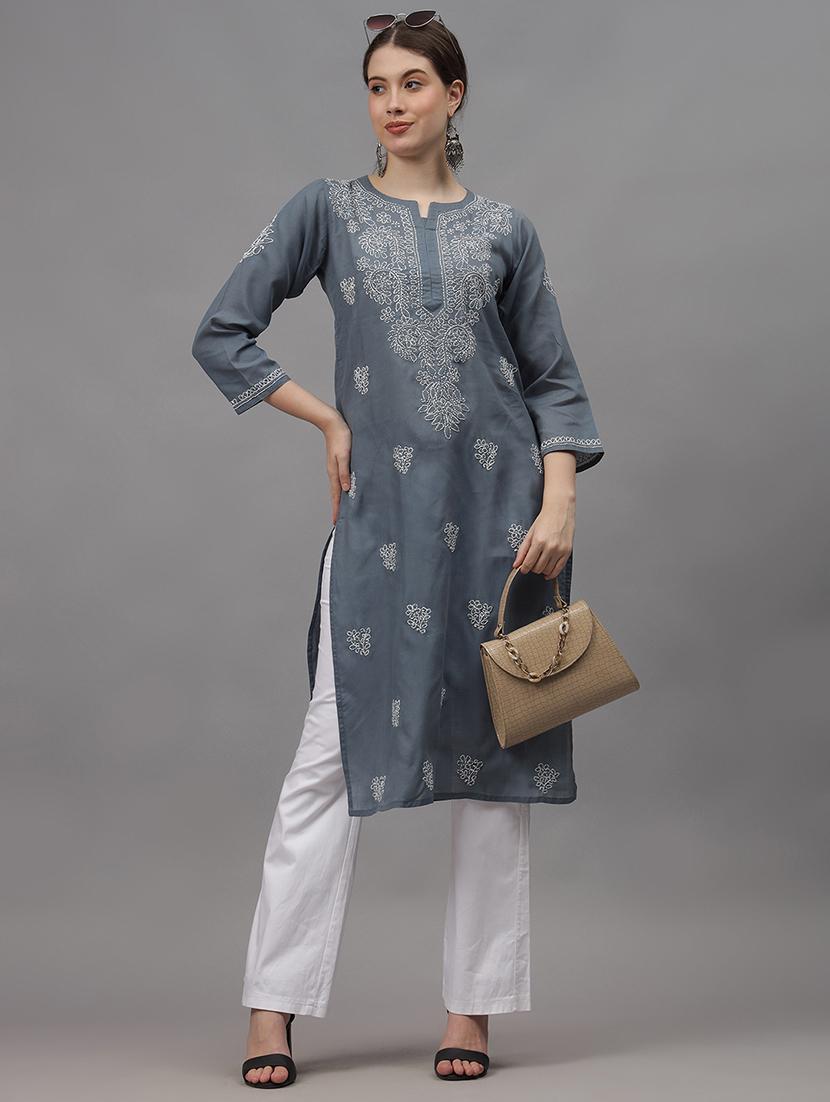 women three quarter sleeves chikankari kurta - 21532356 - Standard Image - 3