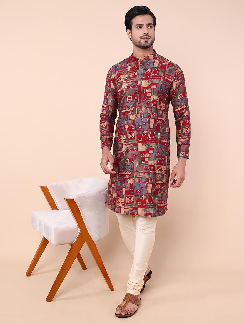 men printed kurta churidar ethnic wear set