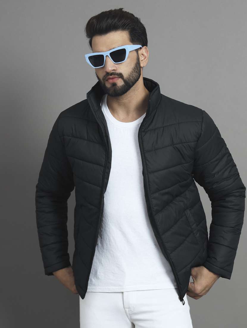 men solid stand collar quilted jacket