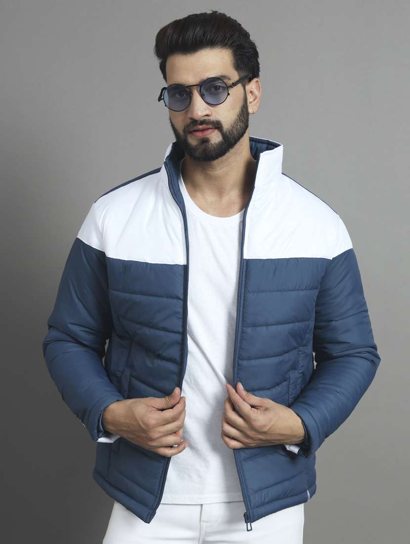 men color block stand collar quilted jacket