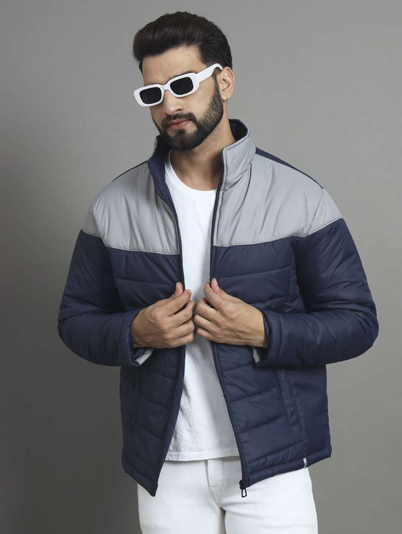men color block stand collar quilted jacket
