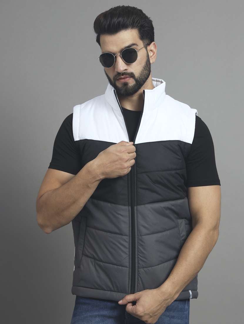 men color block stand collar sleeveless quilted jacket
