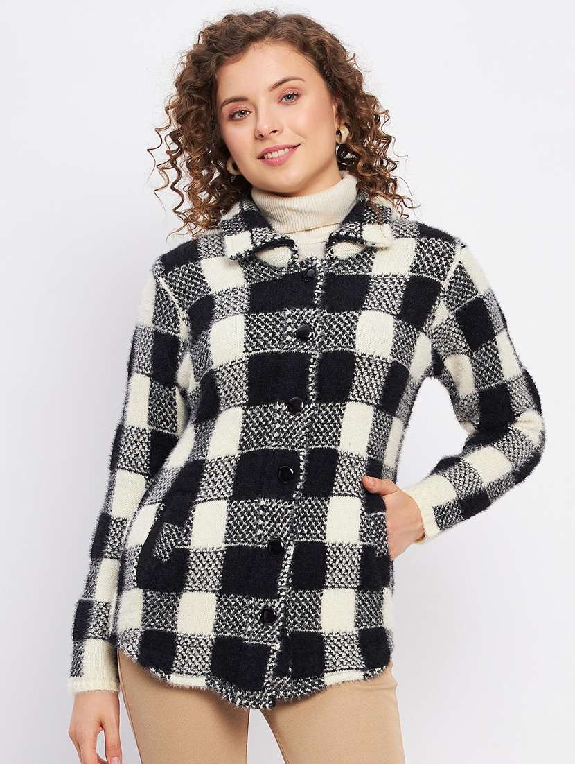 women checkered long sleeve cardigan