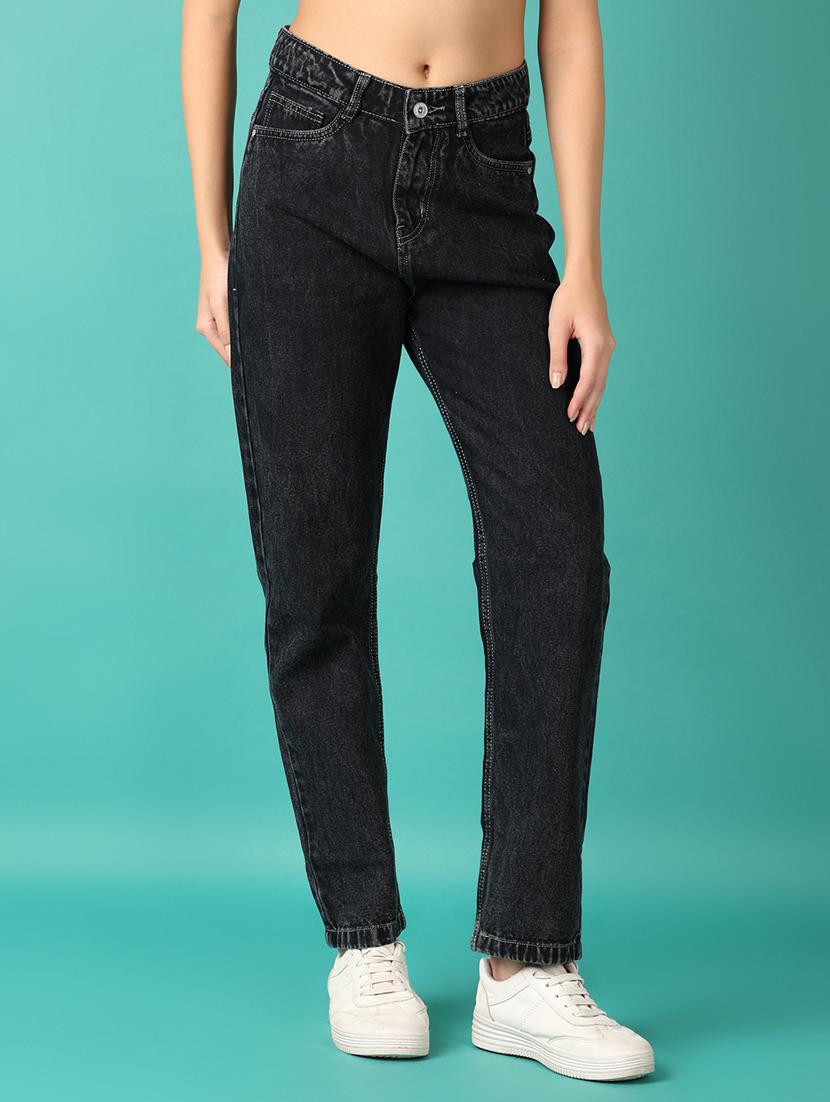 women solid mid rise straight fit jean