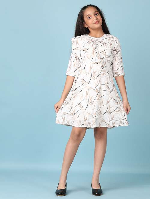girls off-white printed round neck a-line dress - 21533724 -  Standard Image - 0