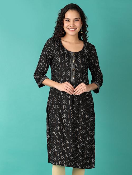 women black printed round neck straight kurta - 21533857 - Standard Image - 0