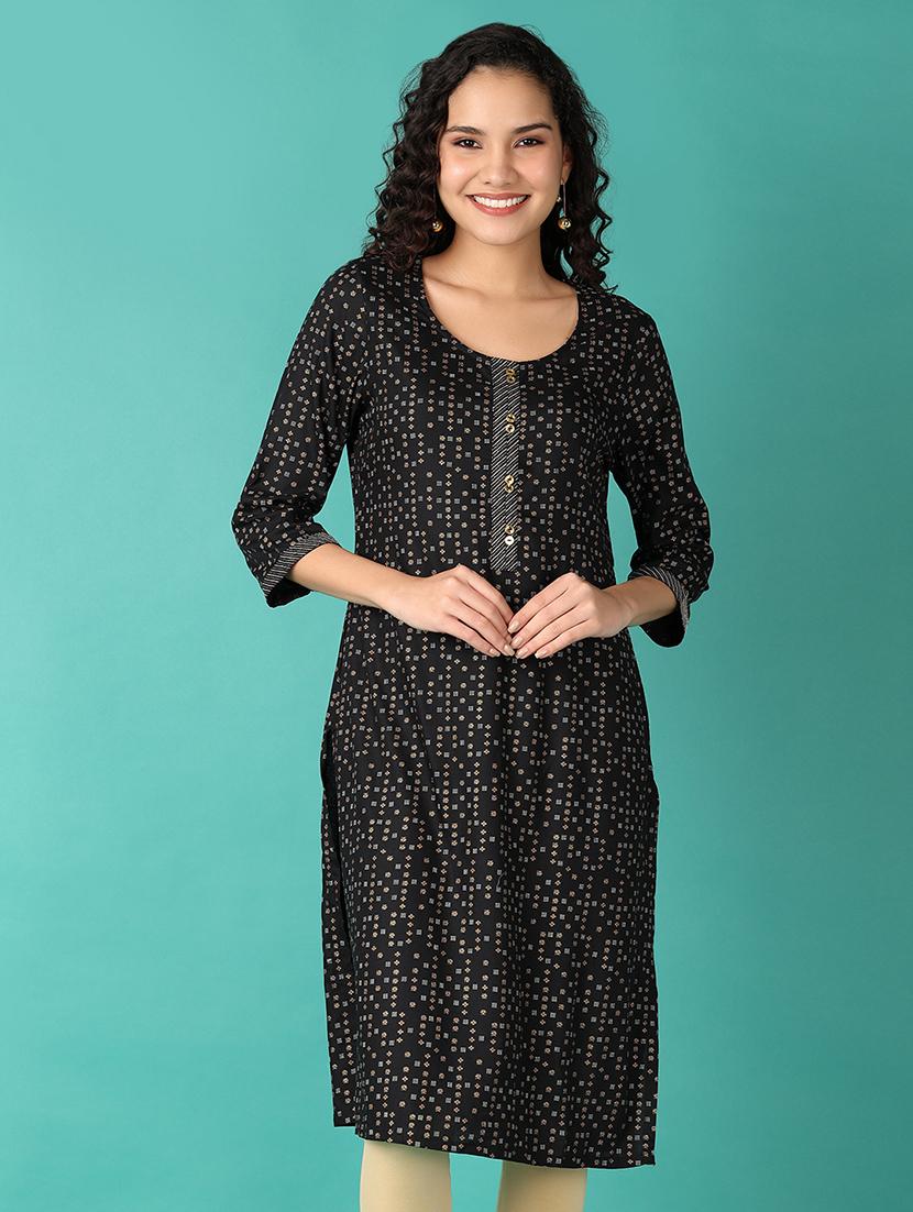 women black printed round neck straight kurta - 21533857 - Zoom Image - 0