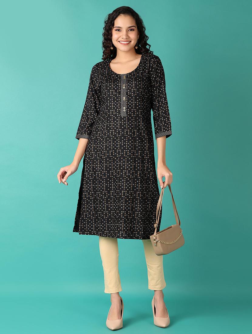 women black printed round neck straight kurta - 21533857 - Standard Image - 3