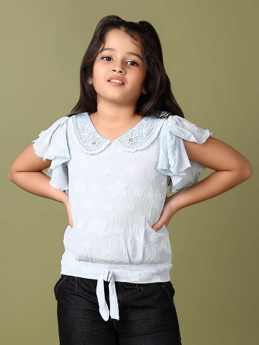 girls light blue solid with work peter pan neck top
