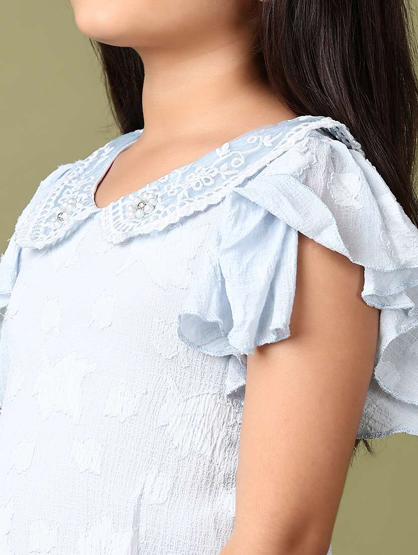 girls light blue solid with work peter pan neck top - 21533860 -  Standard Image - 5