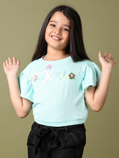 girls solid with work round neck top - 21533966 - Standard Image - 0